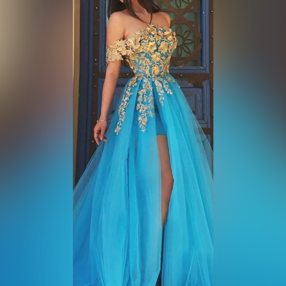 Elegant Blue and Gold Off-Shoulder Dress